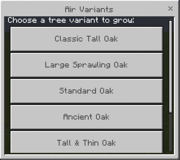 Меню выбора разных вариантов деревьев