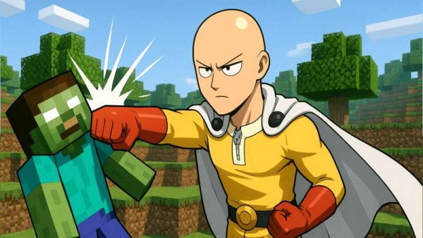 Игрок в виде ванпанчмена бьет зомби