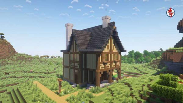 Как выглядит домик на фоне поля и неба